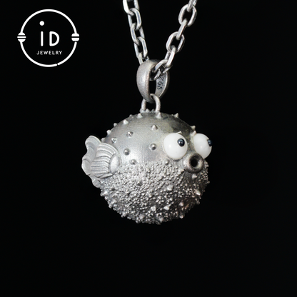 Whimsical Pufferfish Pendant in Sterling Silver – Emotional Support Charm – Cute Ocean Totem Necklace – Turquoise & Onyx Eyes – Healing Gift Idea