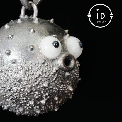 Whimsical Pufferfish Pendant in Sterling Silver – Emotional Support Charm – Cute Ocean Totem Necklace – Turquoise & Onyx Eyes – Healing Gift Idea