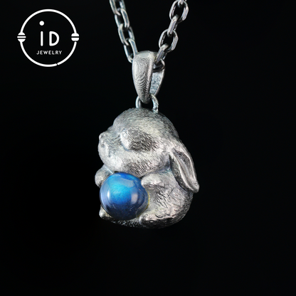 Moon Rabbit Necklace in Sterling Silver – Blue Labradorite Wishing Pendant – Spiritual Animal Totem Jewelry – Cute Bunny Charm for Inner Peace