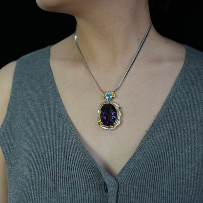 Natural Amethyst Pendant with Swiss Blue Topaz, 925 Silver Gold Plated, Baroque Vintage Royalcore Jewelry, Statement Necklace, Gift for Her Birthday Christmas