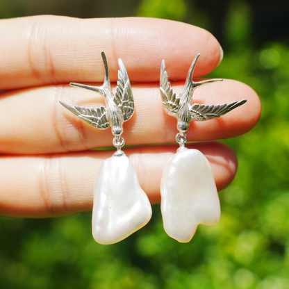925 Silver Swallow Pearl Earrings | Handmade Bird Studs | Romantic Gift for Her | Symbol of Love & Promise