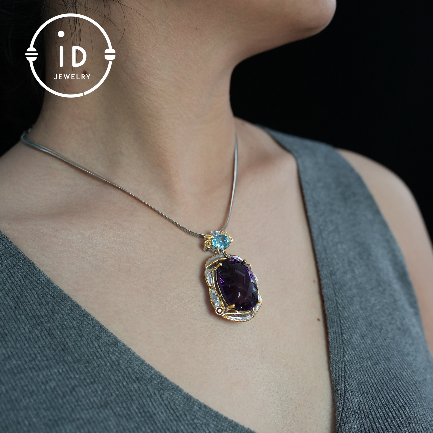 Natural Amethyst Pendant with Swiss Blue Topaz, 925 Silver Gold Plated, Baroque Vintage Royalcore Jewelry, Statement Necklace, Gift for Her Birthday Christmas