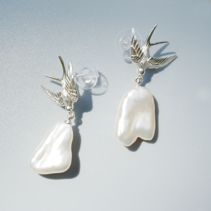 925 Silver Swallow Pearl Earrings | Handmade Bird Studs | Romantic Gift for Her | Symbol of Love & Promise