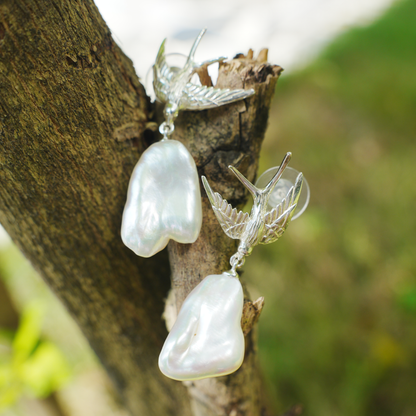 925 Silver Swallow Pearl Earrings | Handmade Bird Studs | Romantic Gift for Her | Symbol of Love & Promise