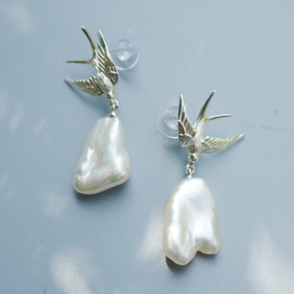 925 Silver Swallow Pearl Earrings | Handmade Bird Studs | Romantic Gift for Her | Symbol of Love & Promise