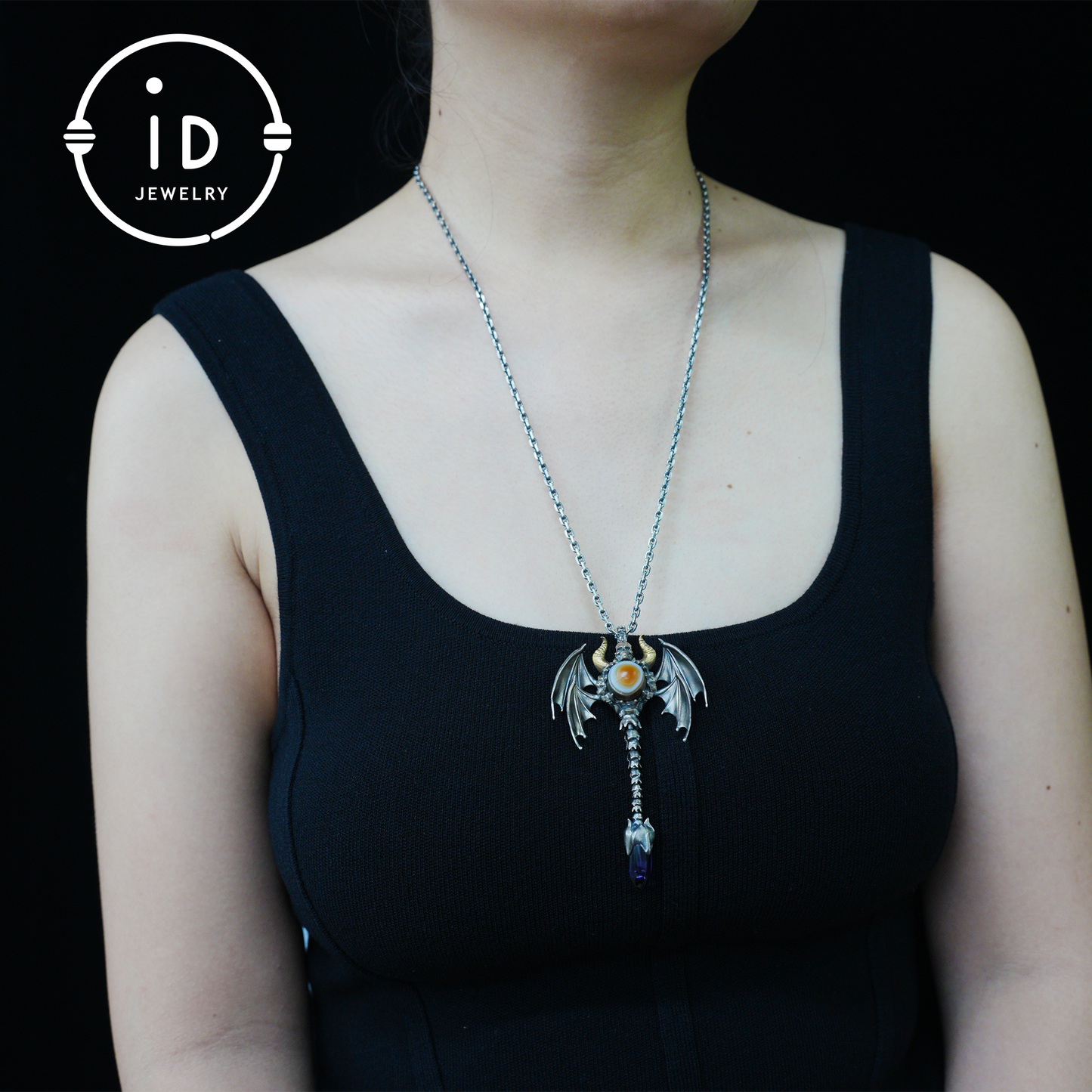 Gothic Totem Pendant | Amethyst Drop & Opal Eye | Handmade 925 Silver & Brass Necklace for Him