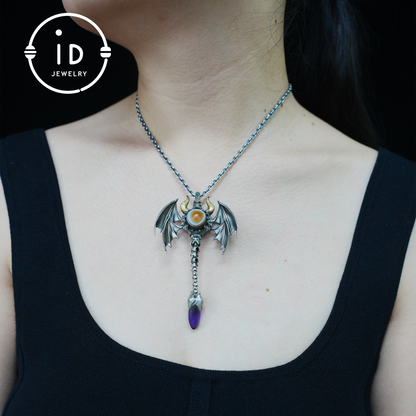 Gothic Totem Pendant | Amethyst Drop & Opal Eye | Handmade 925 Silver & Brass Necklace for Him