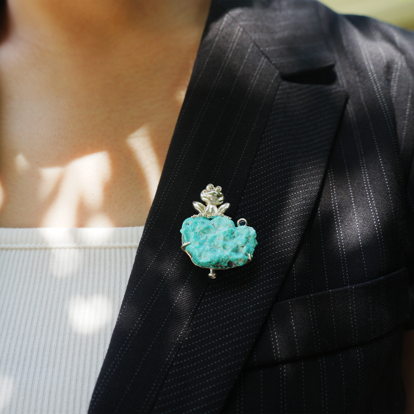 925 Silver Frog Pendant Brooch | Raw Turquoise Lucky Jewelry | Cute Gift for Her