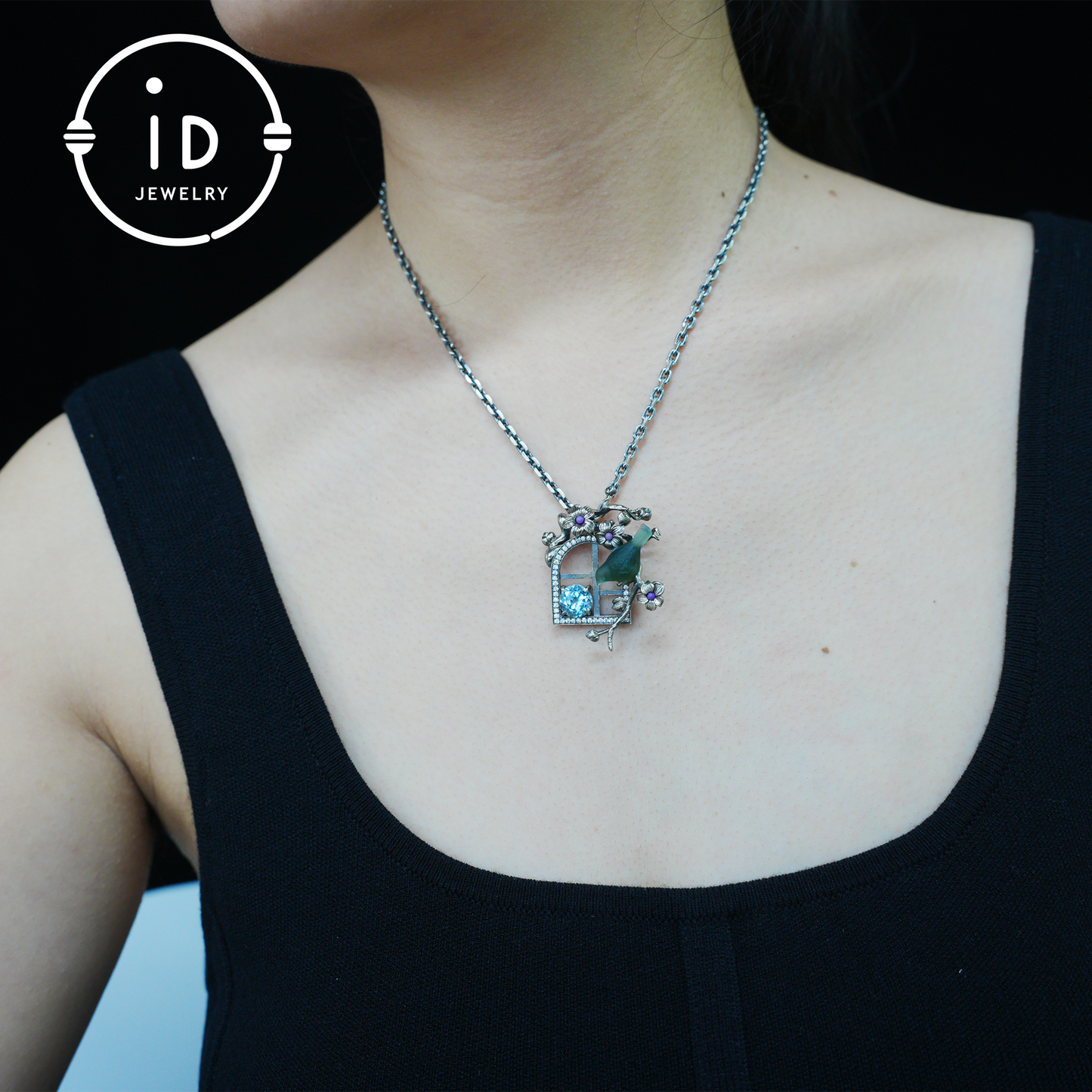 Green Bird Pendant Necklace at Window | Hand-Carved Silver Floral Bird Jewelry | Whimsical Springtime Gift for Nature Lovers and Dreamers