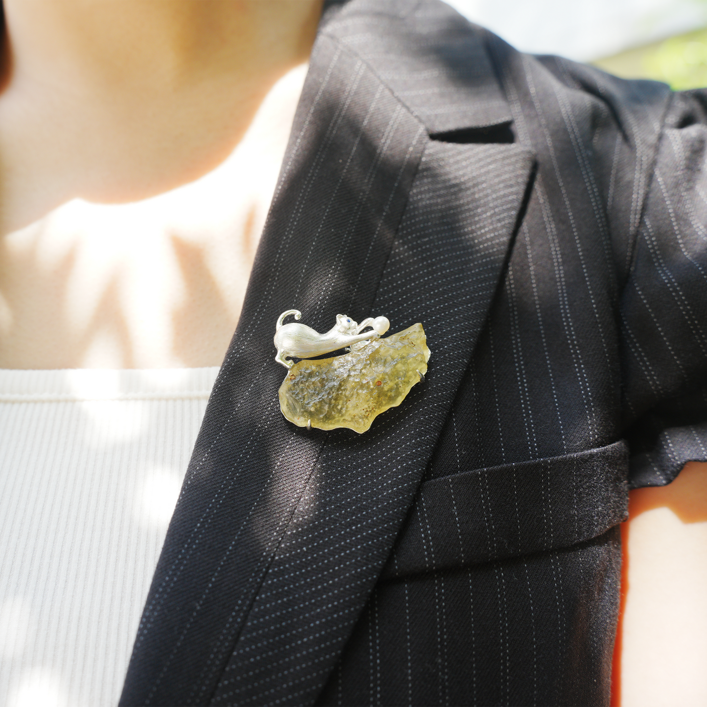 Libyan Desert Glass Cat Pendant Brooch | 925 Silver Fairy Jewelry Gift for Her