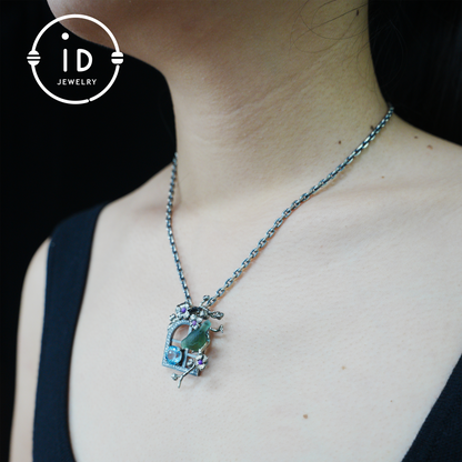 Green Bird Pendant Necklace at Window | Hand-Carved Silver Floral Bird Jewelry | Whimsical Springtime Gift for Nature Lovers and Dreamers