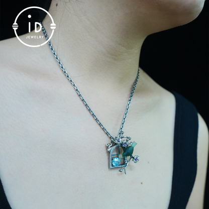 Green Bird Pendant Necklace at Window | Hand-Carved Silver Floral Bird Jewelry | Whimsical Springtime Gift for Nature Lovers and Dreamers