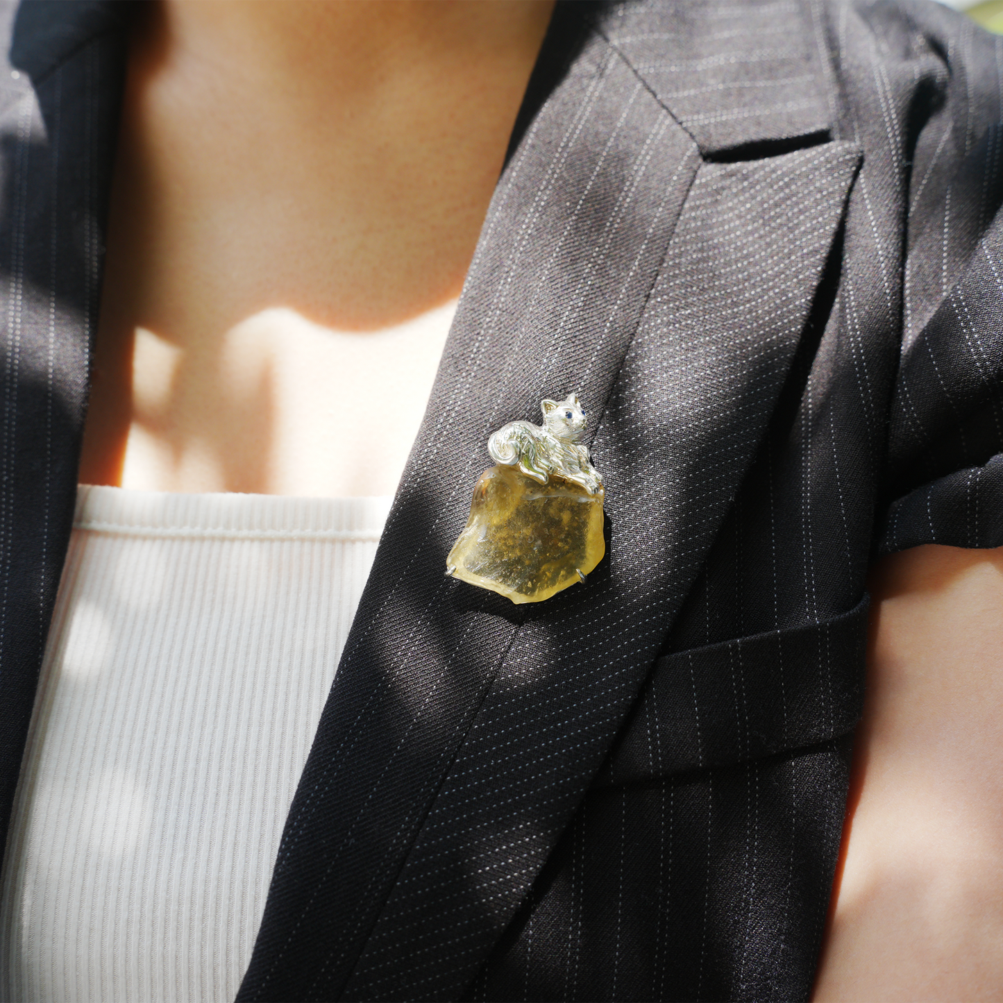 925 Silver Cat Pendant Brooch | Raw Glass Animal Totem Jewelry | Gift for Cat Lovers & Her