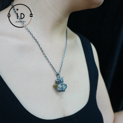 Lucky Oriental Dragon Charm Pendant in Sterling Silver and Brass – Symbol of Gentle Protection and Good Fortune – Handcrafted Feng Shui Amulet