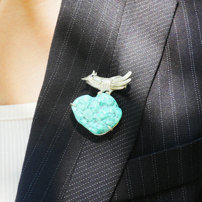 Nightingale Brooch in 925 Silver and Turquoise, Handmade Animal Talisman, Artistic Gift