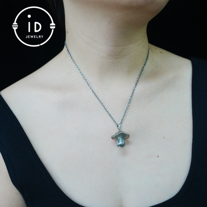 Sterling Silver Mushroom Pendant with Green Gem Eyes – Fantasy Forest Creature Necklace – Cute Emotional Support Jewelry Gift