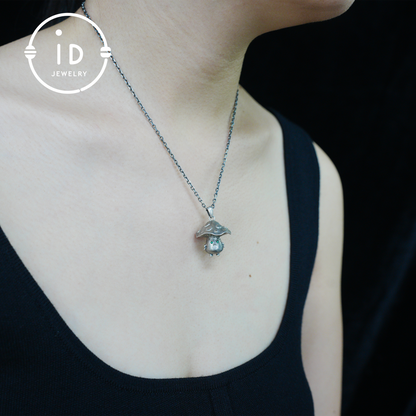 Sterling Silver Mushroom Pendant with Green Gem Eyes – Fantasy Forest Creature Necklace – Cute Emotional Support Jewelry Gift