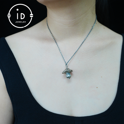 Sterling Silver Mushroom Pendant with Green Gem Eyes – Fantasy Forest Creature Necklace – Cute Emotional Support Jewelry Gift