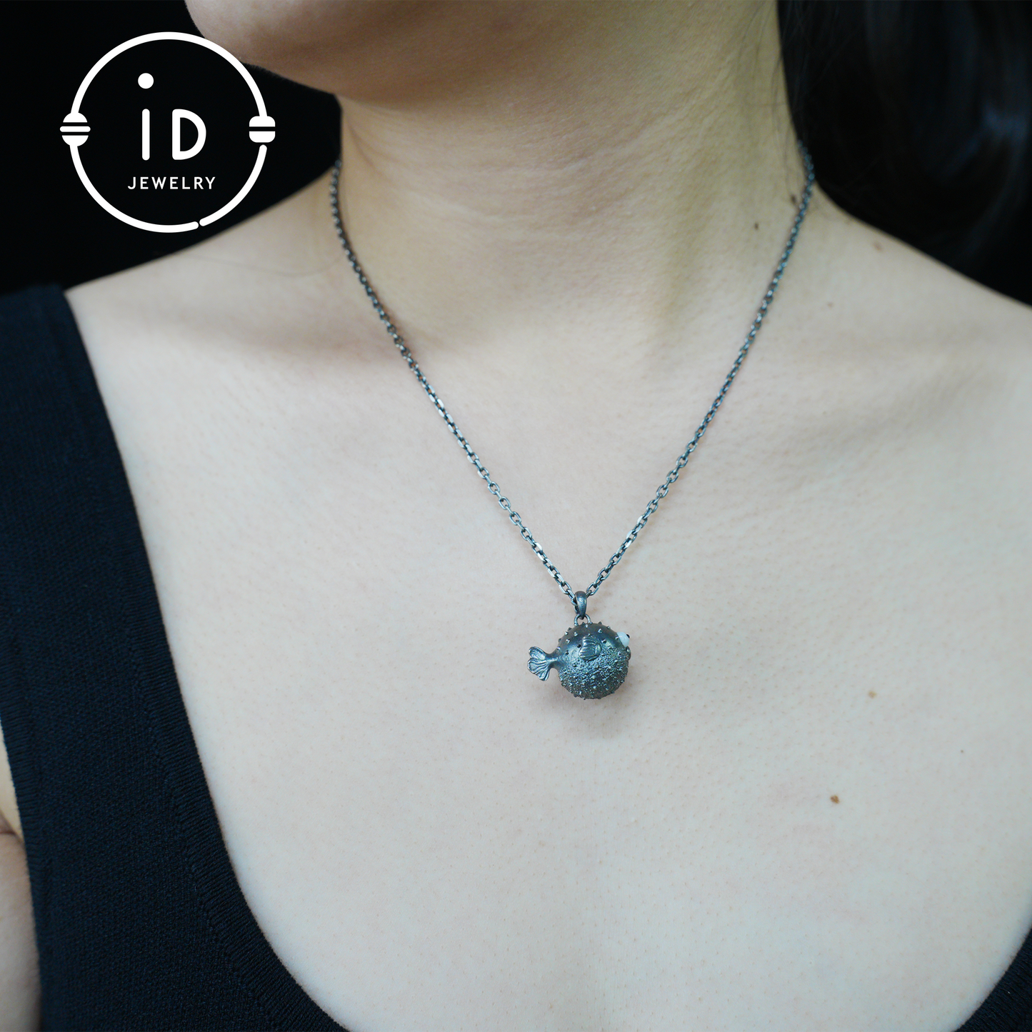 Whimsical Pufferfish Pendant in Sterling Silver – Emotional Support Charm – Cute Ocean Totem Necklace – Turquoise & Onyx Eyes – Healing Gift Idea