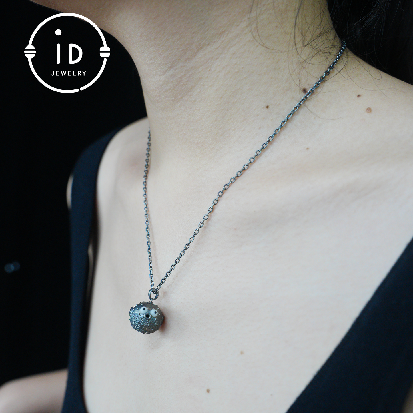 Whimsical Pufferfish Pendant in Sterling Silver – Emotional Support Charm – Cute Ocean Totem Necklace – Turquoise & Onyx Eyes – Healing Gift Idea