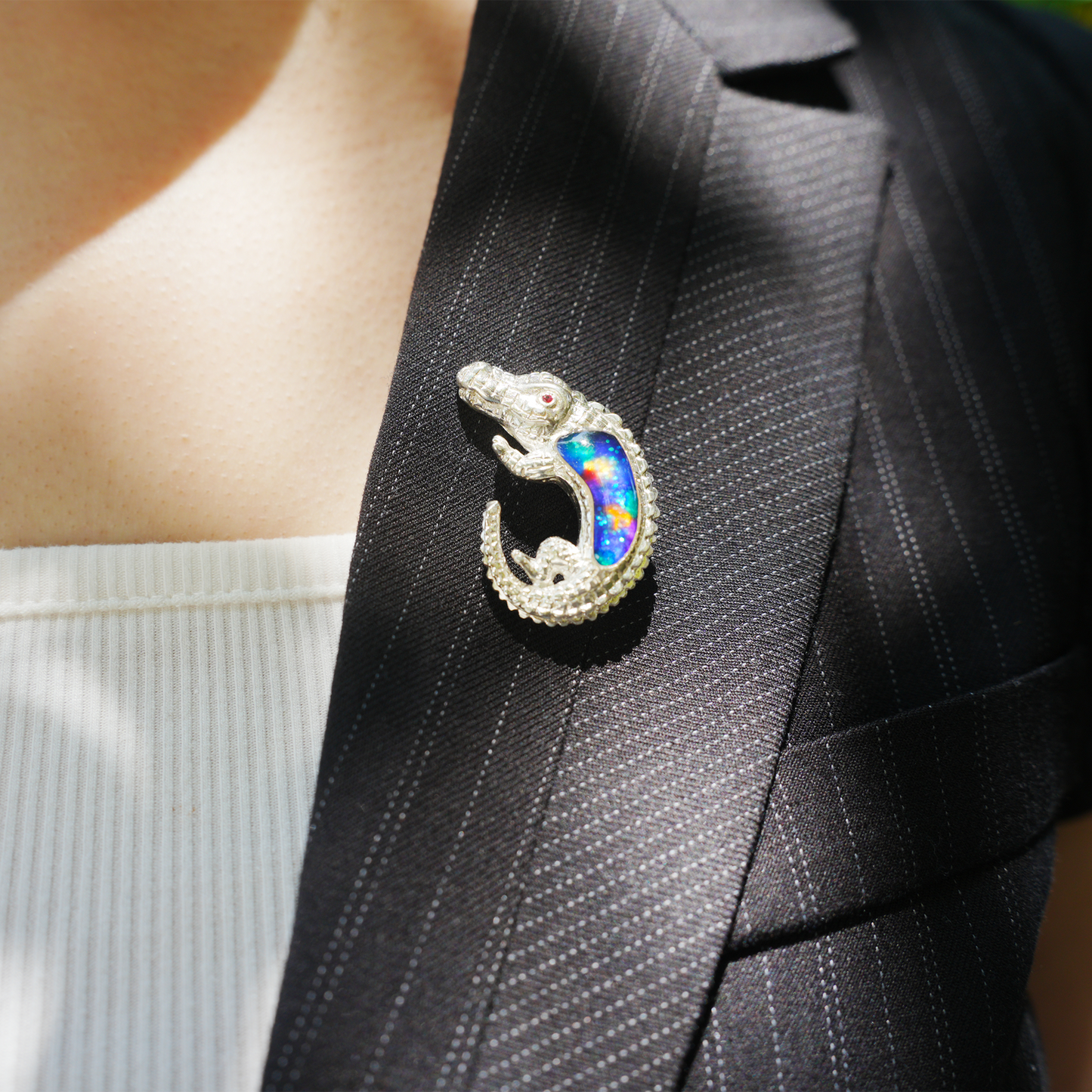 925 Silver Crocodile Pendant Brooch | Enamel Totem Jewelry | Gift for Him or Her