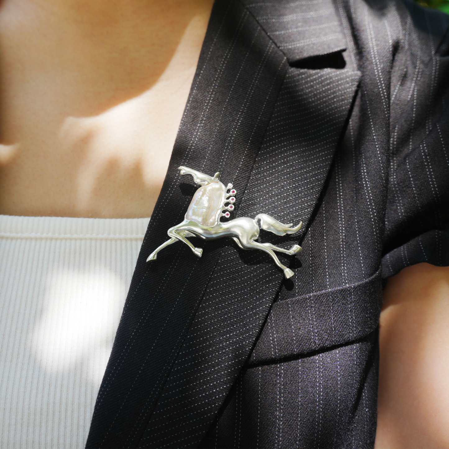 Sterling Silver Horse Pendant Brooch | Pearl & Ruby Totem Jewelry | Gift for Women of Strength