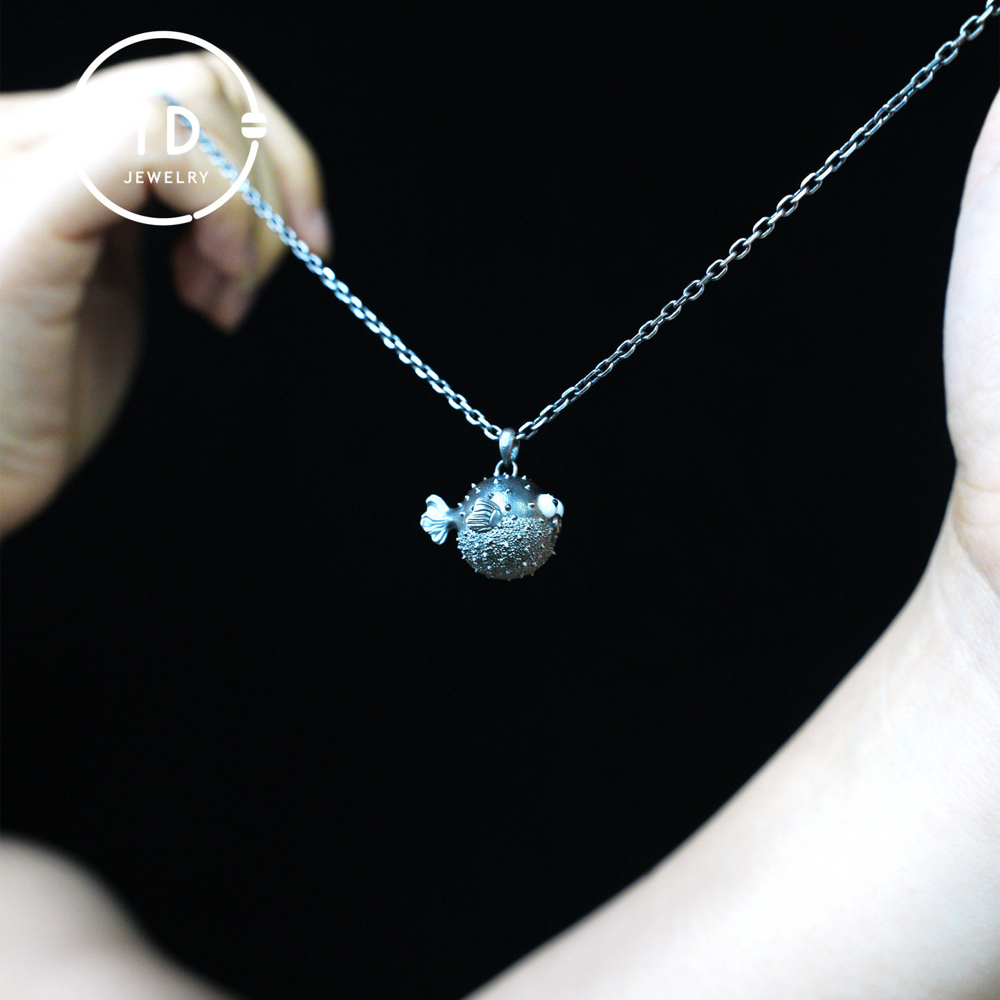 Whimsical Pufferfish Pendant in Sterling Silver – Emotional Support Charm – Cute Ocean Totem Necklace – Turquoise & Onyx Eyes – Healing Gift Idea