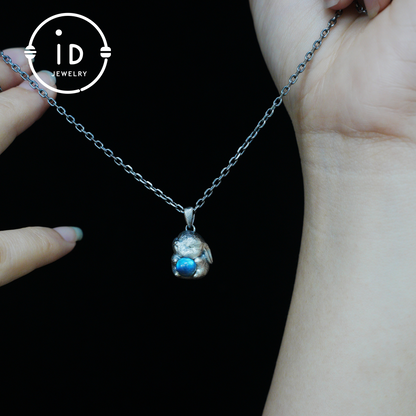 Moon Rabbit Necklace in Sterling Silver – Blue Labradorite Wishing Pendant – Spiritual Animal Totem Jewelry – Cute Bunny Charm for Inner Peace