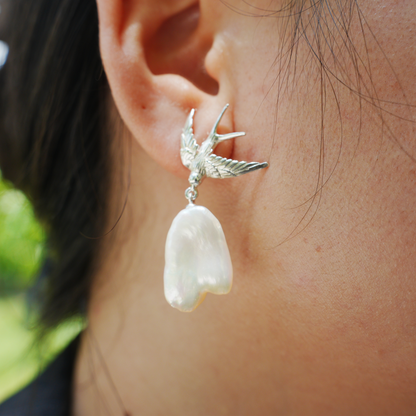 925 Silver Swallow Pearl Earrings | Handmade Bird Studs | Romantic Gift for Her | Symbol of Love & Promise