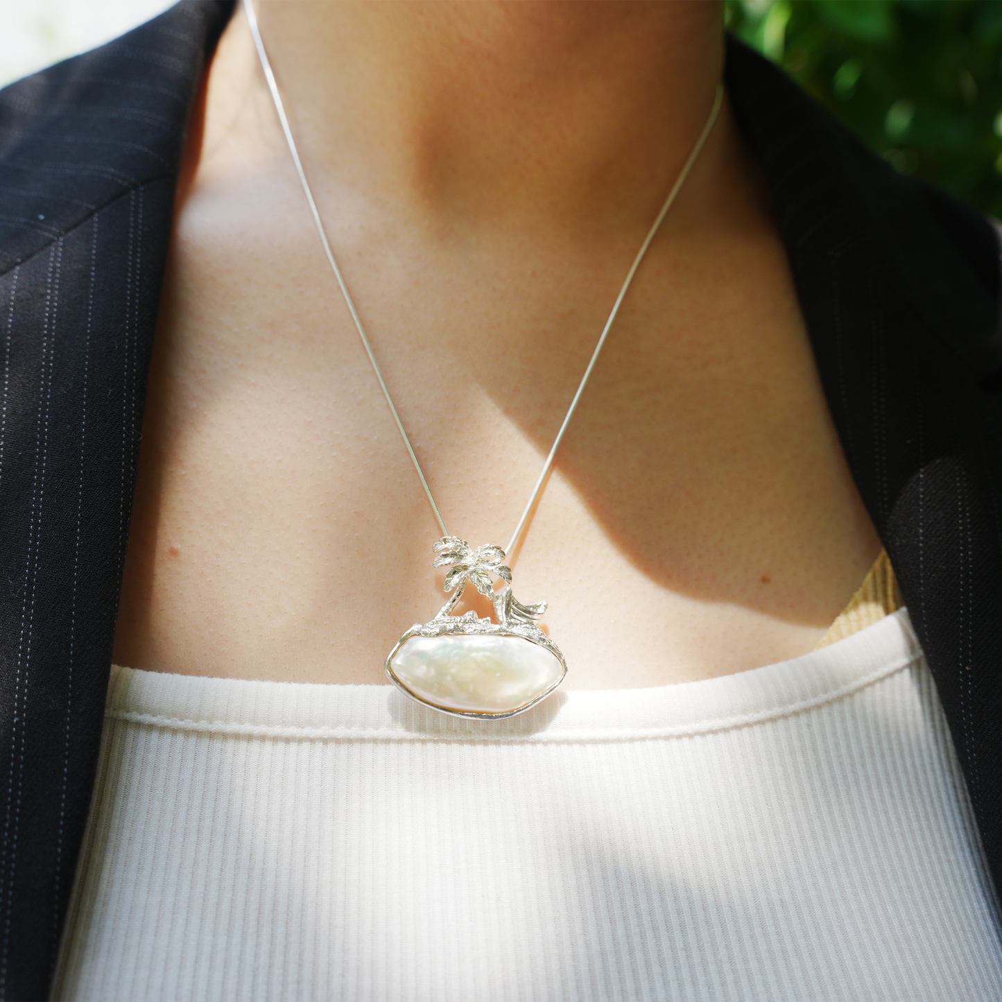 925 Silver Palm Island Pendant | Baroque Pearl Necklace | Summer Beach Gift for Her