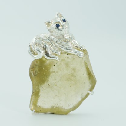 925 Silver Cat Pendant Brooch | Raw Glass Animal Totem Jewelry | Gift for Cat Lovers & Her