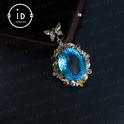 Mystic Blue Topaz Pendant| Handmade Jewelry| Baroque Style| 18K Gold Plated Silver| Luxury Statement Pendant| Fantasy Gift| Gemstone Jewelry