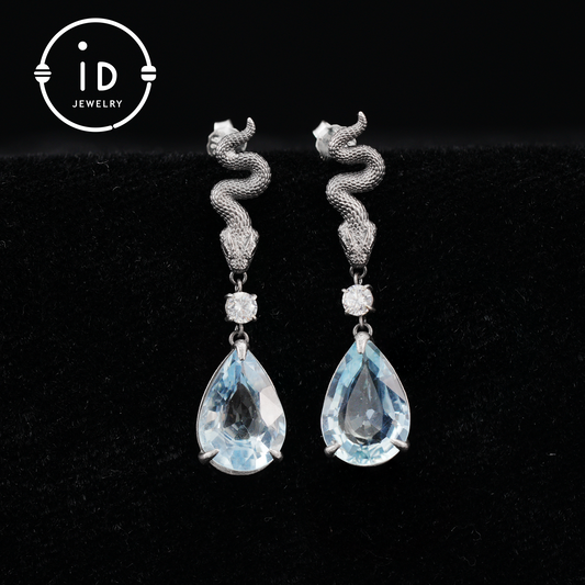 925 Sterling Silver Snake Drop Earrings with Aquamarine Crystal – Myth-Inspired Serpent Jewelry for Healing, Protection & Emotional Clarity