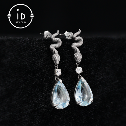 925 Sterling Silver Snake Drop Earrings with Aquamarine Crystal – Myth-Inspired Serpent Jewelry for Healing, Protection & Emotional Clarity