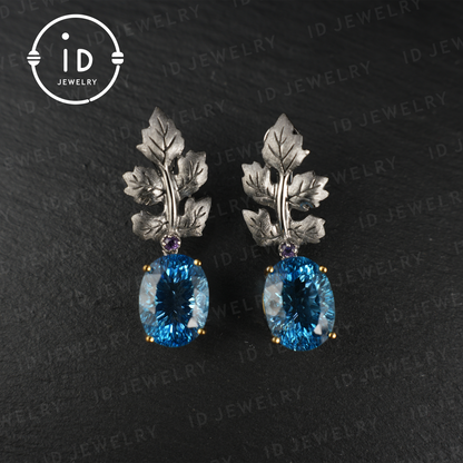 Handmade Topaz Earrings| Silver Leaf Stud Earrings| Nature Inspired Jewelry| Unique Gift for Women