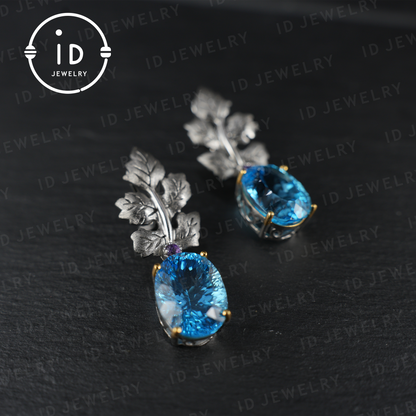 Handmade Topaz Earrings| Silver Leaf Stud Earrings| Nature Inspired Jewelry| Unique Gift for Women