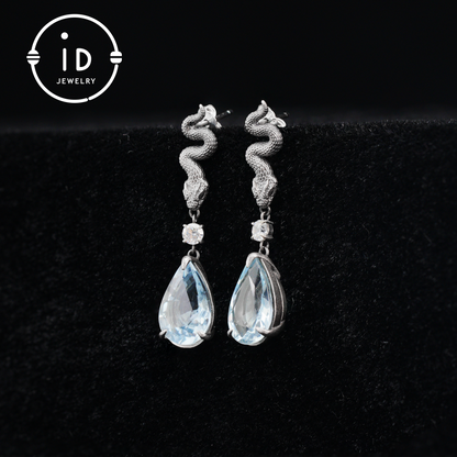 925 Sterling Silver Snake Drop Earrings with Aquamarine Crystal – Myth-Inspired Serpent Jewelry for Healing, Protection & Emotional Clarity