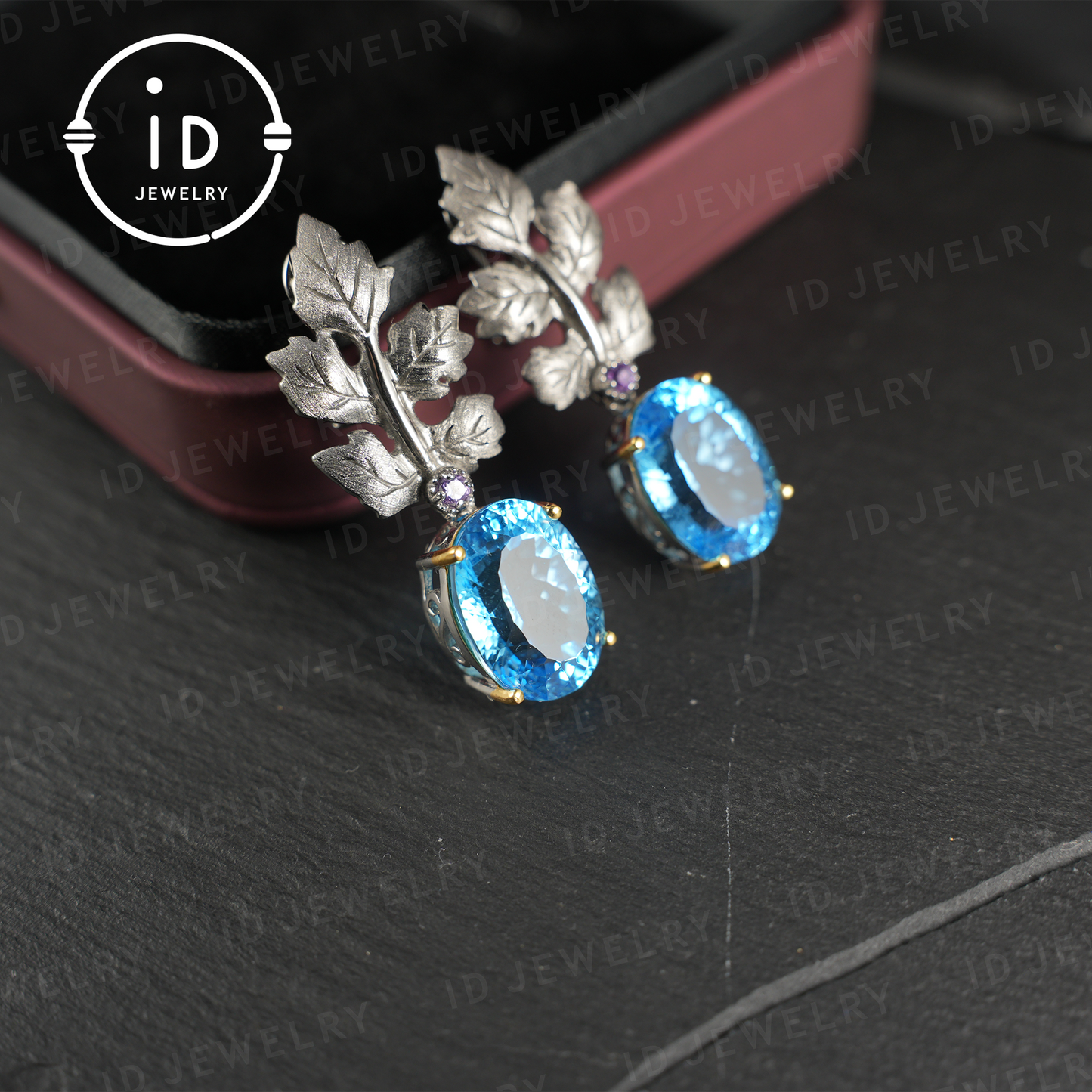 Handmade Topaz Earrings| Silver Leaf Stud Earrings| Nature Inspired Jewelry| Unique Gift for Women