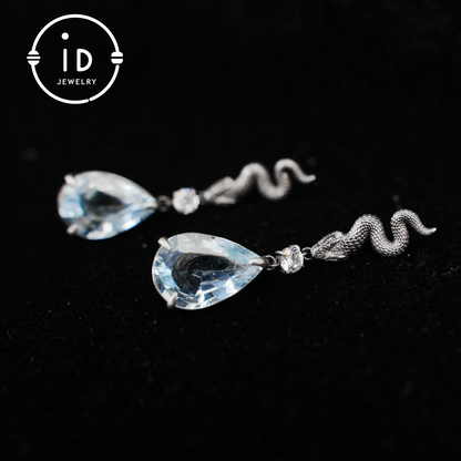 925 Sterling Silver Snake Drop Earrings with Aquamarine Crystal – Myth-Inspired Serpent Jewelry for Healing, Protection & Emotional Clarity