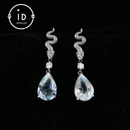 925 Sterling Silver Snake Drop Earrings with Aquamarine Crystal – Myth-Inspired Serpent Jewelry for Healing, Protection & Emotional Clarity