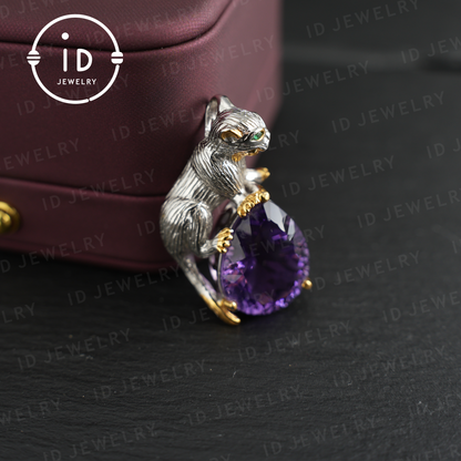 Handmade Cat Pendant| Natural Amethyst| Animal Jewelry| Purple Gemstone Necklace| Gold-plated Jewelry| Unique Gift for Cat Lovers