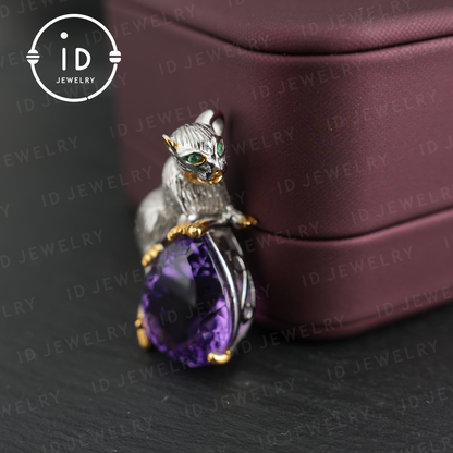 Handmade Cat Pendant| Natural Amethyst| Animal Jewelry| Purple Gemstone Necklace| Gold-plated Jewelry| Unique Gift for Cat Lovers