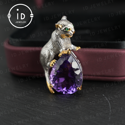 Handmade Cat Pendant| Natural Amethyst| Animal Jewelry| Purple Gemstone Necklace| Gold-plated Jewelry| Unique Gift for Cat Lovers