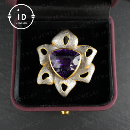 Floral Amethyst Brooch| Vintage Gemstone Jewelry| Handmade Gold-Plated Pendant| Artistic Brooch| Elegant Gift for Women