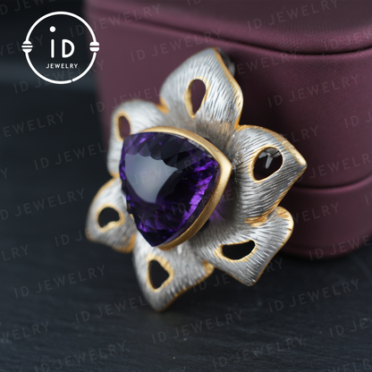 Floral Amethyst Brooch| Vintage Gemstone Jewelry| Handmade Gold-Plated Pendant| Artistic Brooch| Elegant Gift for Women