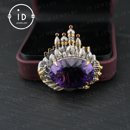 Royal Amethyst Brooch| Vintage Statement Jewelry| Handmade Gemstone Pendant| Gold-Plated Brooch| Elegant Gift for Women