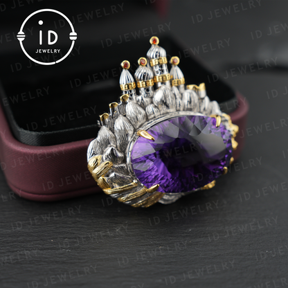 Royal Amethyst Brooch| Vintage Statement Jewelry| Handmade Gemstone Pendant| Gold-Plated Brooch| Elegant Gift for Women