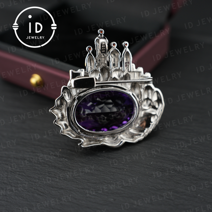 Royal Amethyst Brooch| Vintage Statement Jewelry| Handmade Gemstone Pendant| Gold-Plated Brooch| Elegant Gift for Women