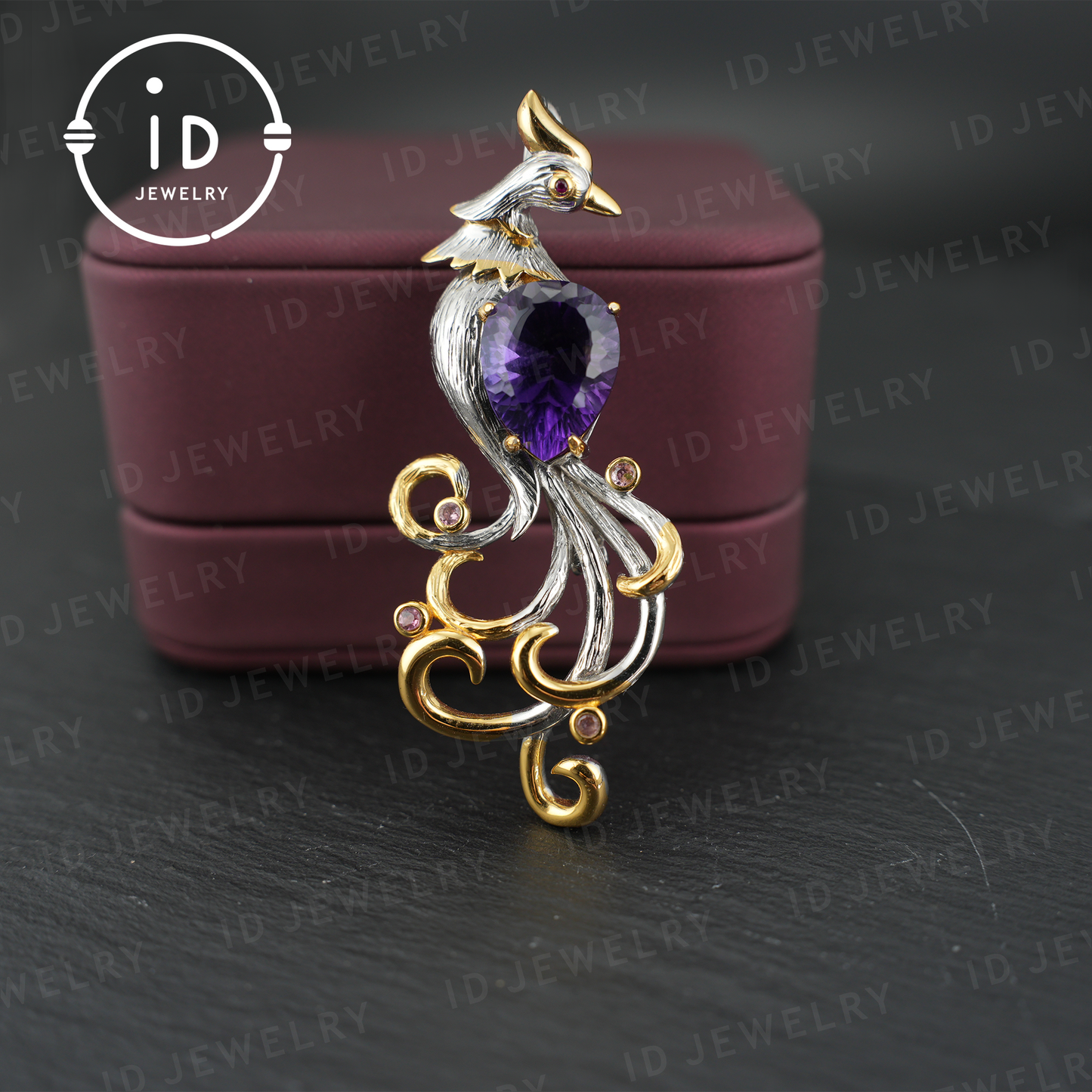 Phoenix Amethyst Brooch| Vintage Gemstone Jewelry| Handmade Gold-Plated Pendant| Mystical Bird Brooch| Elegant Gift for Women