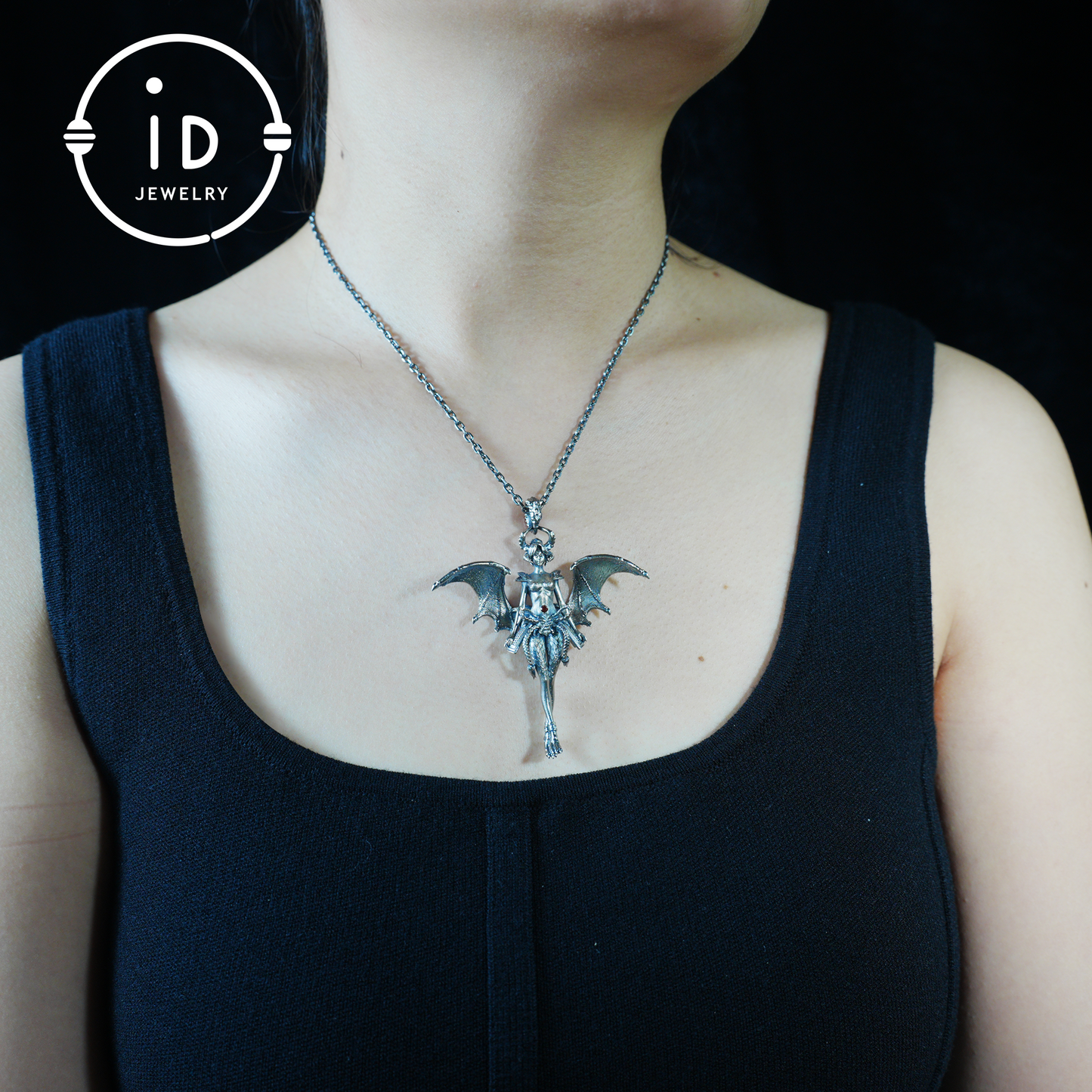 Gothic Garnet Demon Goddess Pendant Necklace – 925 Silver Fallen Angel Amulet – Dark Aesthetic Occult Jewelry for Witches & Cosplay